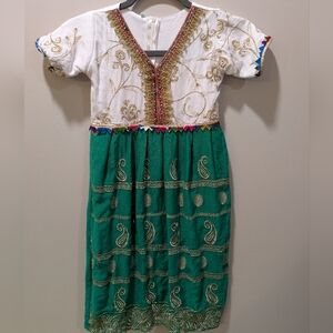 Embroidered White and Green Dress Handmade Indian Style Princess Costume